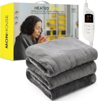 MONHOUSE Heated Throw - Electric Blanket - Digital Controller - Timer up to 9 hours, 9 Heat Settings, Auto Shutoff - Machine Washable - Double 150X200cm - GREY