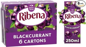 Ribena Blackcurrant Juice Drink Cartons - Multipack 6x250ml; Real Fruit; Rich In Vitamin C; No Artificial Colours or flavours ; Perfect For On The Go