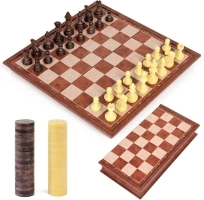 Peradix Chess Set and Draughts Board Games 2 in 1 | Magnetic Chess Checkers Board Toys | Travel Folding Board and Chess Piece for Kids and Adult (25x25cm), Brown