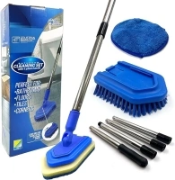 Bathroom Tile Cleaner Shower Cleaning Brush, Multi-section Long Handled Scrubbing Brush with Replaceable Stiff Bristle Tub and Tile Scrubber, Shower Cleaner Sponge Scourer, and Microfibre Pad