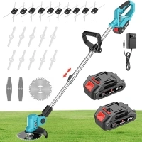 Grass Strimmer Cordless with 2 PCS 3.0Ah Battery and Charger Lightweight Garden Trimmers with 10 Steel Wire Replacement Spools, 10 Plastic Blades, 2 Metal Blades, 1 Saw Blade.