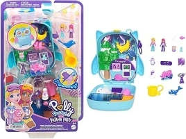 Polly Pocket Dolls and Playset, Animal Toys, Pajama Party Snowy Sleepover Owl Compact Playset with Water Play and 2 Color-Change Pieces, HKV37