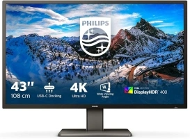 PHILIPS 439P1-43 Inch 4K UHD Monitor, 60Hz, 4ms, VA, HDR 400, USB-C Docking, KVM, Speakers, Height Adjust, MultiView (3840 x 2160 @ 60 Hz, 450 cd/m², HDMI/DP/USB-C)