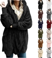 Teddy Fleece Jacket for Women UK Clearance Winter Fluffy Plain Cozy Fuzzy Sherpa Hoodie Coats Plus Size Open Front Warm Plush Cardigan Ladies Jumper Solid Color Hooded Overcoat with Pockets