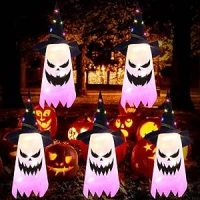 COZII Halloweeen Decorations Outdoor Lights, 5 Pcs Halloween Glowing Ghost Hats, Witch Hats with LED Lights, Waterproof Hanging Ghost, Battery Powered, Halloween Party for Garden Indoor Outdoor