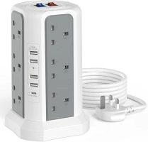 Tower Extension Lead with USB Slots with 18W USB C Fast Charger(5V/3.1A), HAFINO 12 Way Plug Extension Tower, Surge Protected Extension Lead with Switch, Multi Plug Socket with 1.8M Extension Cable