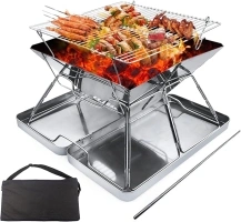 ZHZIRO BBQ Fire Pit Portable Campfire Pit Collapsible Stainless Steel Grill for Camping Picnic Patio Backyard and Garden with Fire Tube Carrying Bag（with Iron Carry Box）