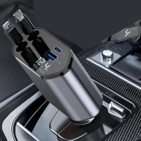 Retractable Car Charger 100W 4 in 1 Fast Car Charger USB C Retractable Cables, 2 USB Ports, Compatible with iPhone, Android, Samsung Galaxy for 12V / 24V Vehicles (B)