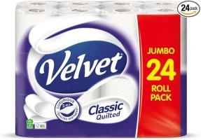 Velvet Classic Quilted Toilet Tissue 24 Rolls - Luxuriously Soft, Strong and Absorbent Toilet Roll - Jumbo Bulk Pack 24 Rolls - 3-ply - White