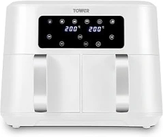 Tower T17137WHT Vortx 8.5L Dual Basket Air Fryer with Dual Cook Function, 2400W, White & Chrome