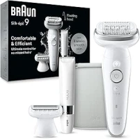 Braun Silk-épil 9, Epilator with Pivoting Head for Easy Hair Removal, Wet & Dry, Lasting Smooth Skin, with Lady Shaver Head & Trimmer Comb, 9-441, White/Silver