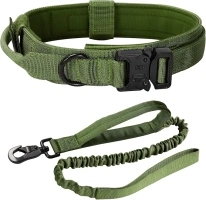 Tactical Dog Collar and Lead Set, Safety Dog Collar with Comfortable Padded Handle,Strong Nylon Leash Collar stretched 90 to 140cm for Large Dogs(Army green XL)