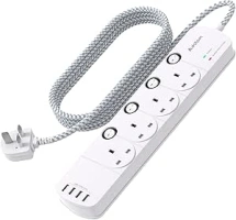 1.8M Extension Lead, 4 Way Socket Outlets Power Strips with 4 USB, 1050J Surge Protection Multi Plug Extension with Braided Extension Cable for Home, Office, Individually Switched, White