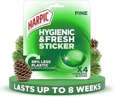 Harpic Hygienic Fresh Sticker Adhesive Toilet Block, Pine, Pack 1 x 4 Stickers, Toilet Freshener, No Plastic Applicator, Up to 8 weeks of Freshness