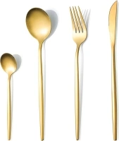 Cutlery Gold Matte Set for 6 People, 24 PCS Thin Handle Knife Fork Spoon, SANLI Modern Stainless Steel Crockery Dishwasher Safe.