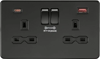 Knightsbridge SFR9909 Screwless Twin Switched Socket with Dual Fastcharge USB A+C Ports in Matt Black, Sf - Mbb