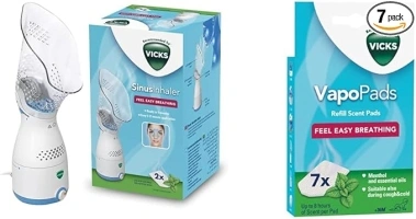 Vicks Sinus Inhaler - Sinus relief - Ease coughs, colds or blocked noses - Adjustable steam control - VH200 & VapoPads Menthol - Scented pads with essential oils - 7 pack - VH7