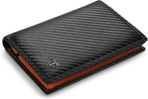 TEEHON® Wallets RFID Blocking Carbon Fibre Leather Mens Wallets with Zip Coin Pocket, 11 Card Holders, 2 ID Windows, 2 Banknote Compartments, Trifold Vertical , Black Orange