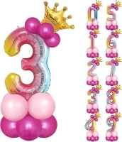 Unisun 32 inch Number Foil Balloons Set, Rainbow Gradient Helium Number 3 Balloon Tower with Crown and 15Pcs Latex Balloons for Princess Prince Birthday Party Anniversary Decorations