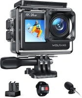 WOLFANG Action Camera 4K 24MP WiFi GA200, 40M Waterproof Underwater Camera for Snorkeling, EIS 170° Wide Angle Dual Screen Vlogging Camera with External Microphone, Charger, Remote Control