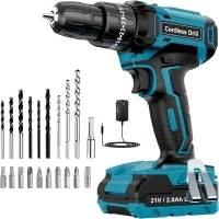 Cordless Drill Driver 21V, LEEIKOO Cordless Hammer Drill, 42N.m Battery Drill, 25+3 Torque Set, 2-Speed, LED Light, 2.0AH Battery, 24PCS Electric Drill Set for Home and Garden DIY Project