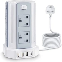 Tower Extension Lead 5M, [13A 3250W] Multi Plug Extension,8 AC Outlets & 4 USB (1 Type C and 3 USB Ports) Surge Protector Extension Lead with USB Solts for Home, Office