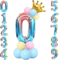 Unisun 32 Inch Number Balloons Set, Blue Rainbow Foil Number 0 Balloon Tower with Crown Foil Balloon and 12pcs Latex Pastel Balloons for Boys Girls Birthday Baby Shower Anniversary Decorations