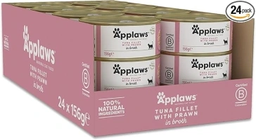 Applaws 100% Natural Wet Cat Food, Tuna Fillet with Prawn, 156g (Pack of 24)