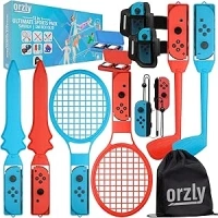 Orzly Switch Sports Games 2024 Accessories Bundle Pack for Nintendo Switch & Switch OLED with Tennis Rackets, Golf Clubs, Chambara Swords, Soccer Leg Straps & Joycon Grips - With Carry Bag