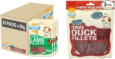 Good Boy - Tender Lamb Fillets - Dog Treats - Case of 10 & Tender Duck Fillets - Dog Treats - Made With 100% Natural Duck Breast Meat - 320 Grams - Low Fat Dog Treats (Case of 3)