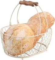 T&G Provence Wireware Medium Oval Basket with Aged Wooden Handles, Cream, 29.5 x 21.5 x 12.7 cm