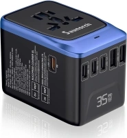 SAUNORCH Universal Travel Adapter, PD 35W 7 in 1 International Power Plug Adapter with 7.0A 4 USB-C and 2 USB-A Fast Wall Charger, Worldwide AC Outlet for US Europe UK AUS-Black+Blue