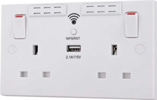 BG Electrical 822UWR Wi-Fi Range Extender Double 13 Amp Power Socket with 2.1A Type A USB, White Moulded, Round Edge