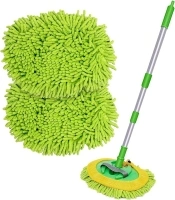 47.5" Car Wash Brush Mop Cleaning Tool with Long Handle Kit for Washing Detailing Cars Truck, SUV, RV, Trailer, Boat 2 in 1 Chenille Microfiber Sponge Duster Not Hurt Paint Scratch Free