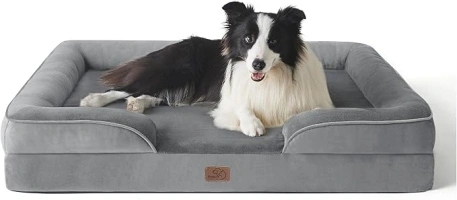 Bedsure Large Dog Bed Sofa - Washable Orthopedic Dog Beds and Couch with Removable Flannel Cover, Waterproof Dog Pillow with U-Shape Bolster, Grey Squre Pet Bed, 89x63x16cm