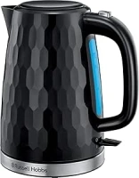 Russell Hobbs Honeycomb Electric 1.7L Cordless Kettle (Fast Boil 3KW, Black premium plastic, matt & high gloss finish, Removable washable anti-scale filter, Push button lid, Perfect pour spout) 26051