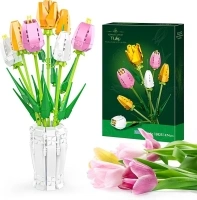 Tulip Flowers Bouquet Building Set, Artificial Flowers Bonsai for Adults With Vase, Gifts for Birthday, Anniversary, Office or Home Decor, Creative Flower Building Blocks for Kids and Adults