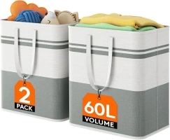 Lifewit 2 Pack Laundry Basket 60L, Freestanding Washing Bastet for Laundry, Collapsible Tall Dirty Clothes Basket Fabric Laundry Hamper with Handles For Bathroom Bedroom Dorm, Grey and White