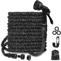 BABADU Expandable Garden Hose Pipe - 50Ft Flexible Expanding Hose with 8 Modes Spray Gun, Extendable Water Hose with 3/4", 1/2" Connectors for Garden(Black)