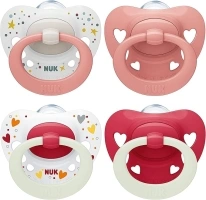 NUK Signature Day & Night Baby Dummy, 0-6 months, Soothes 95% of Babies, Heart-Shaped BPA-Free Silicone Soothers, Glow-in-the-Dark, Hearts, 4 Count