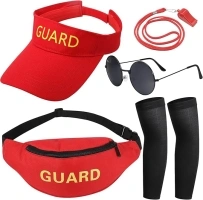 5Pcs Life Guard Costume Accessories KIt Include Empty Top Sun Hat, Fanny Pack, Whistle, Ice Sleeves, Sunglasses Guard Cosplay Outfit Costume for Adults Men Women Pool Party