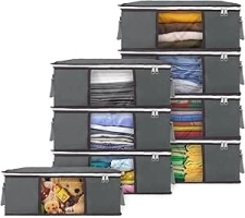 Budding Joy 35L Clothes Storage Bags, 8 Pack Storage Boxes with Lid Packing Boxes for Moving House with Durable Handles for Clothing, Duvet, Bedding, Pillows (Gray)