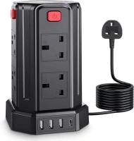 Tower Extension Lead 5M, [13A 3250W] Multi Plug Extension,8 AC Outlets & 4 USB (1 Type C and 3 USB Ports) Surge Protector Extension Lead with USB Solts for Home, Office Black