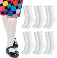 Meng Jiaran 6 Pairs Girls Long White Socks Below the Knee, Knee High Socks Kids Pelerine School Uniform Socks for Child Cotton Long Knitted Hollowed in a Victorian Style