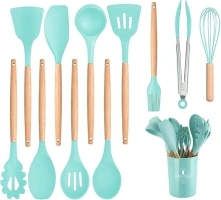 CCHONG Silicone Kitchen Utensils Set with Holder 12 PCS Cooking Utensils Set with Wooden Handle Heat Resistant Kitchen Gadgets Utensil Set Kitchen Accessories (Green)