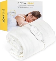 MONHOUSE Premium Soft Fleece Electric Blanket - Heated Under Blanket - Heated Mattress Cover - Detachable Controller & Machine Washable - 3 Heat Settings - Double 120x135cm - White