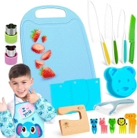 FANTICDE Kids Cooking Set,26 Piece Kids Knife Set,with Wooden Knife,Vegetable Cookie Cutters,Plastic Toddler Knife,Crinkle Cutter,Y Peeler,Chopping Board,Fruit Forks,Kids Aprons Set(Baby Elephant)