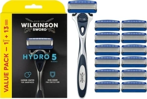 WILKINSON SWORD - Hydro 5 Razor For Men, Carbon Coated Blades, Hydrating Gel & Precision Trimmer, Razor + 12 Razor Blades