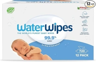 WaterWipes Plastic-Free Original Baby Wipes, 99.9% Water Based Wipes, Unscented for Sensitive Skin, 720 count (Pack of 12)