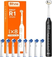 Bitvae R1 Rotating Electric Toothbrush with 8 Brush Heads for Adults and Kids, 60-Day Battery Life, 5 Modes Rechargeable Power Toothbrush with 2-Minute Smart Timer, Black